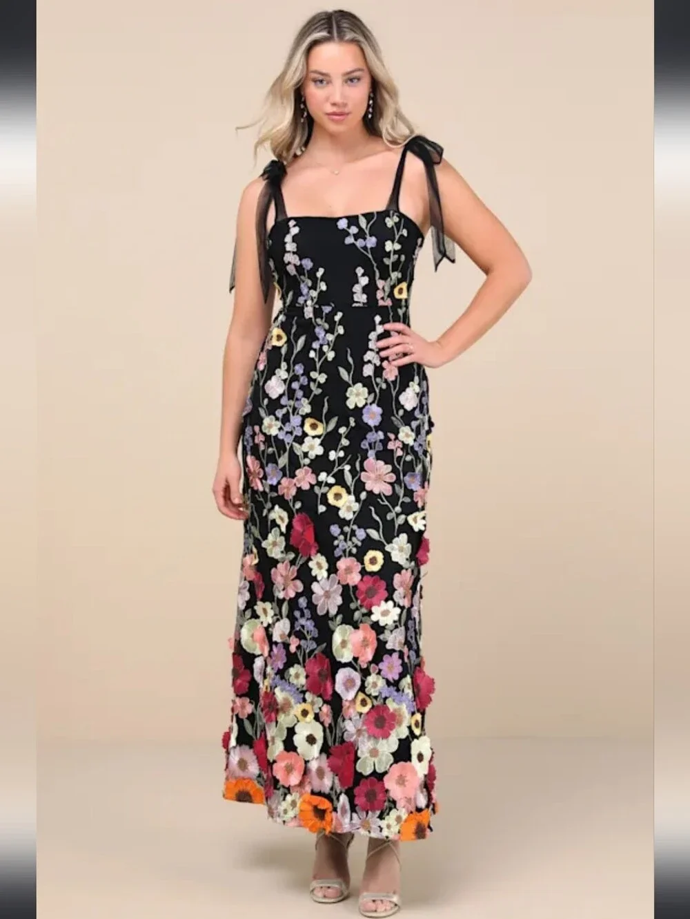 Lulus Thriving Poise Black 3D Floral Embroidered Tie-Strap Maxi Dress - Picture 12 of 16